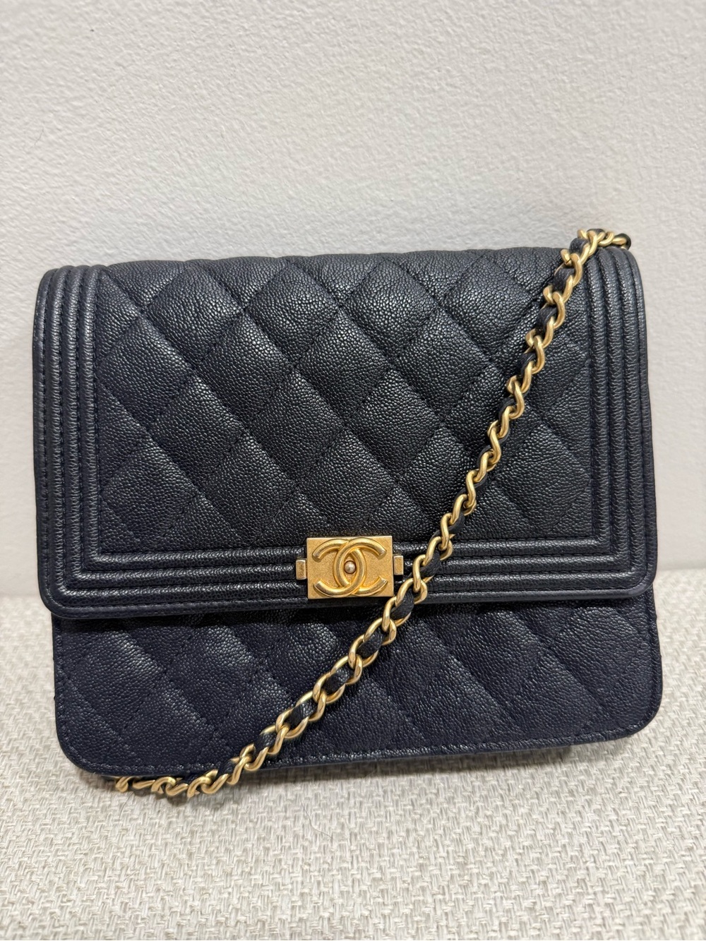 CHANEL Quilted Caviar Square Wallet On Chain with Gold Chain and comfort strap